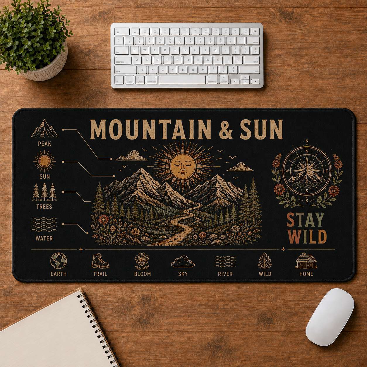 Sunrise Hippie Desk Mat Mouse Pad | 5To9Vibe - Mountain & Sun style