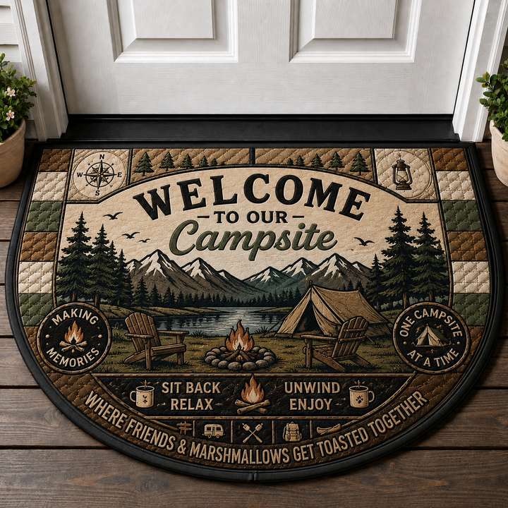 Welcome To Our Campsite Doormat - Mountain Lake & Tent Outdoor Mat - 5to9vibe