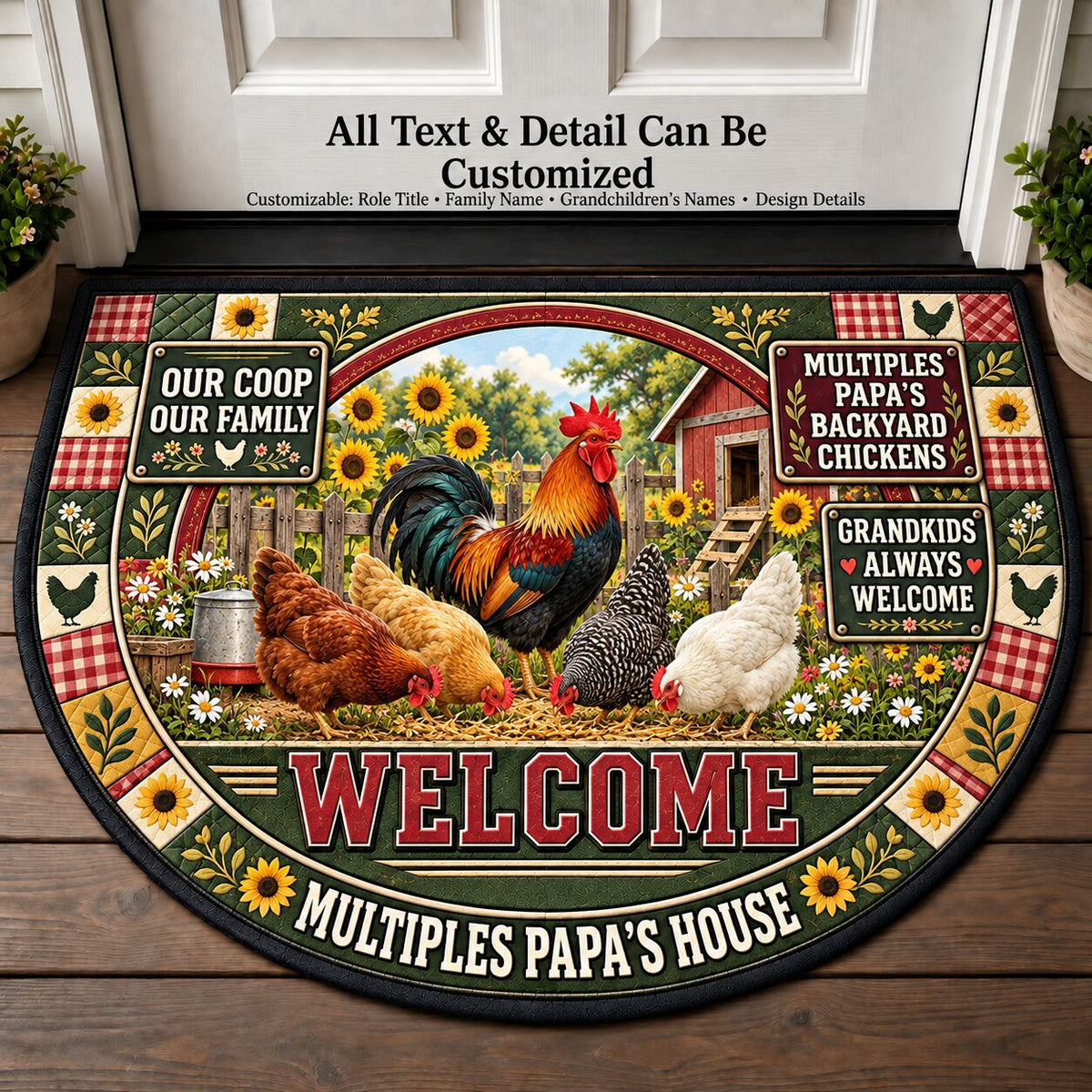 Multiples Papa's Backyard Chickens Personalized Half Round Mat | 5To9Vibe