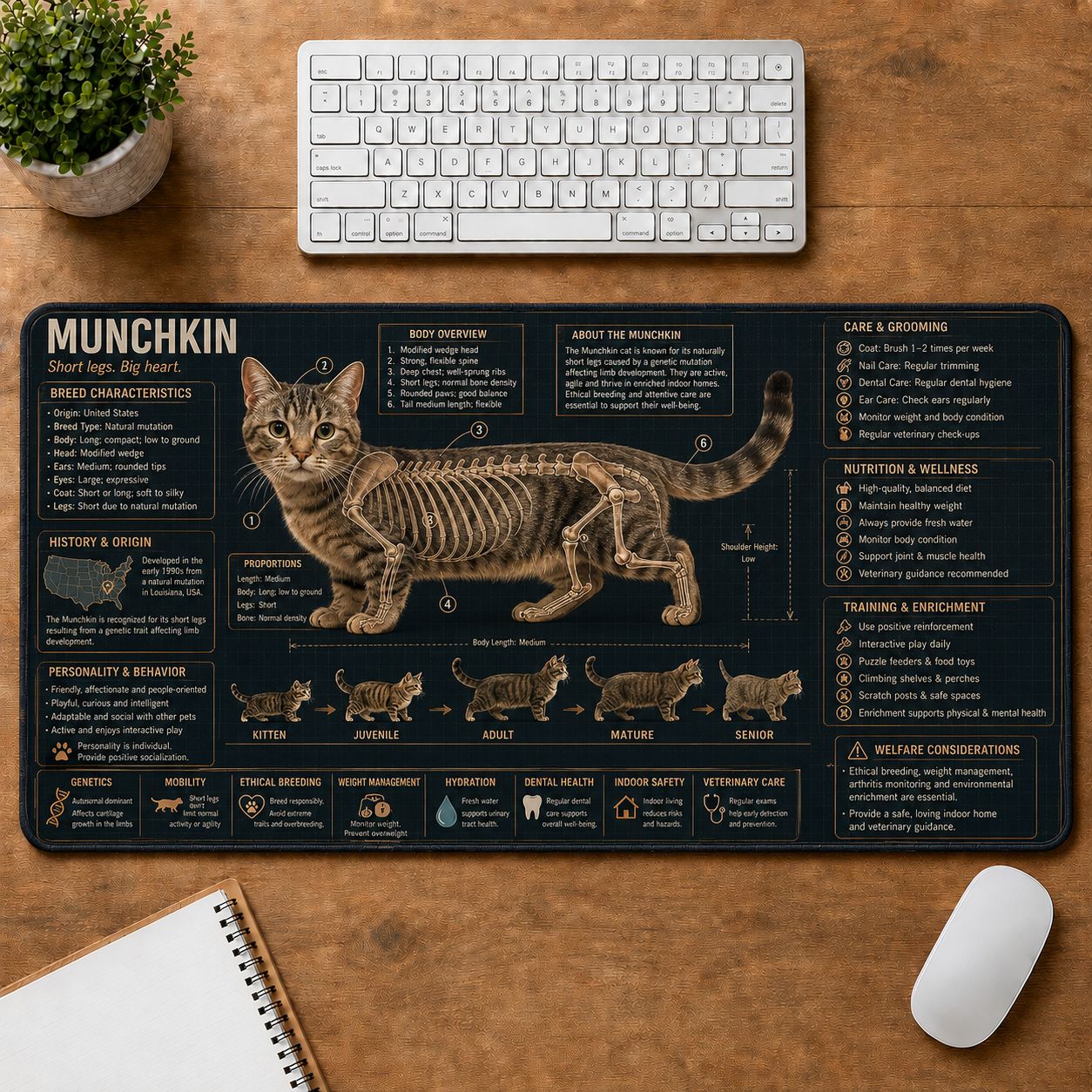 Munchkin Cat Breed Desk Mat Anatomy Guide | 5To9Vibe