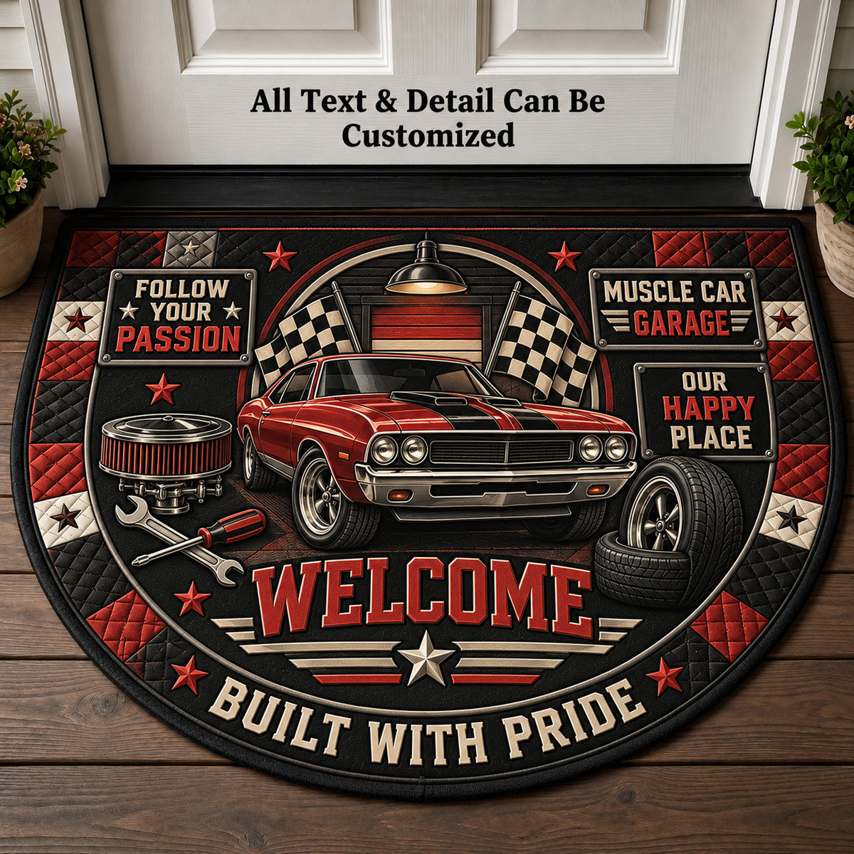 Muscle Car Garage Personalized Half Round Mat | 5To9Vibe