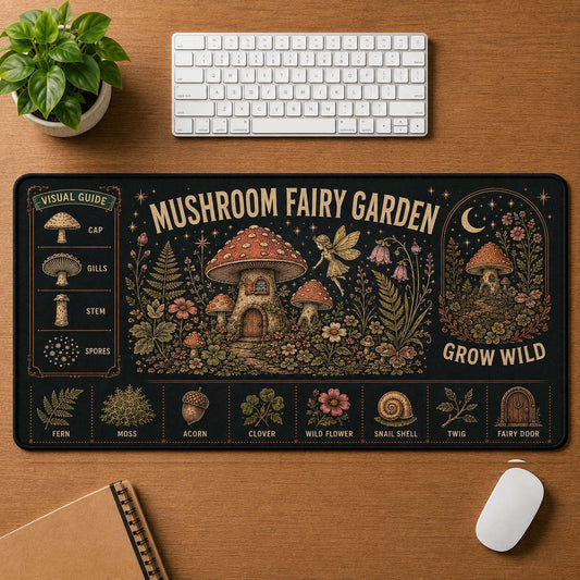 Mushroom Fairy Garden Hippie Desk Mat Mouse Pad | 5To9Vibe - Mushroom Fairy Garden style