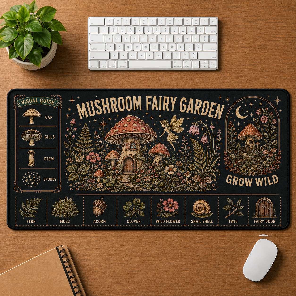 Mushroom & Moon Hippie Desk Mat Mouse Pad | 5To9Vibe - Mushroom Fairy Garden style