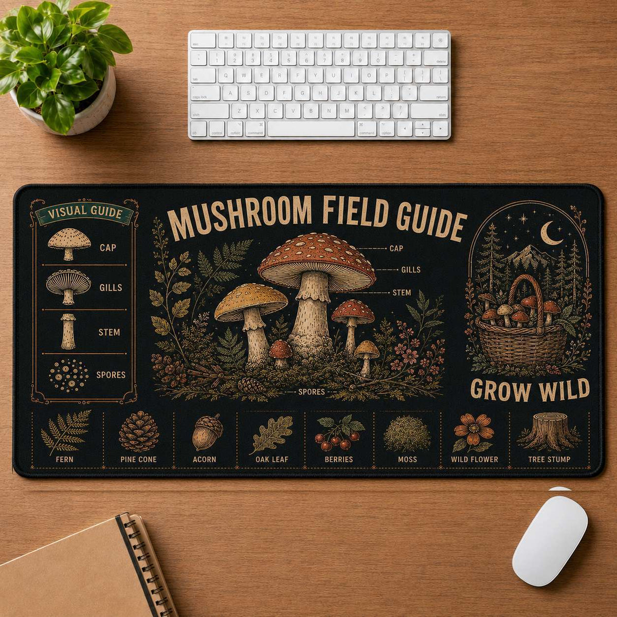 Wild Mushroom Hippie Desk Mat Mouse Pad | 5To9Vibe - Mushroom Field Guide style