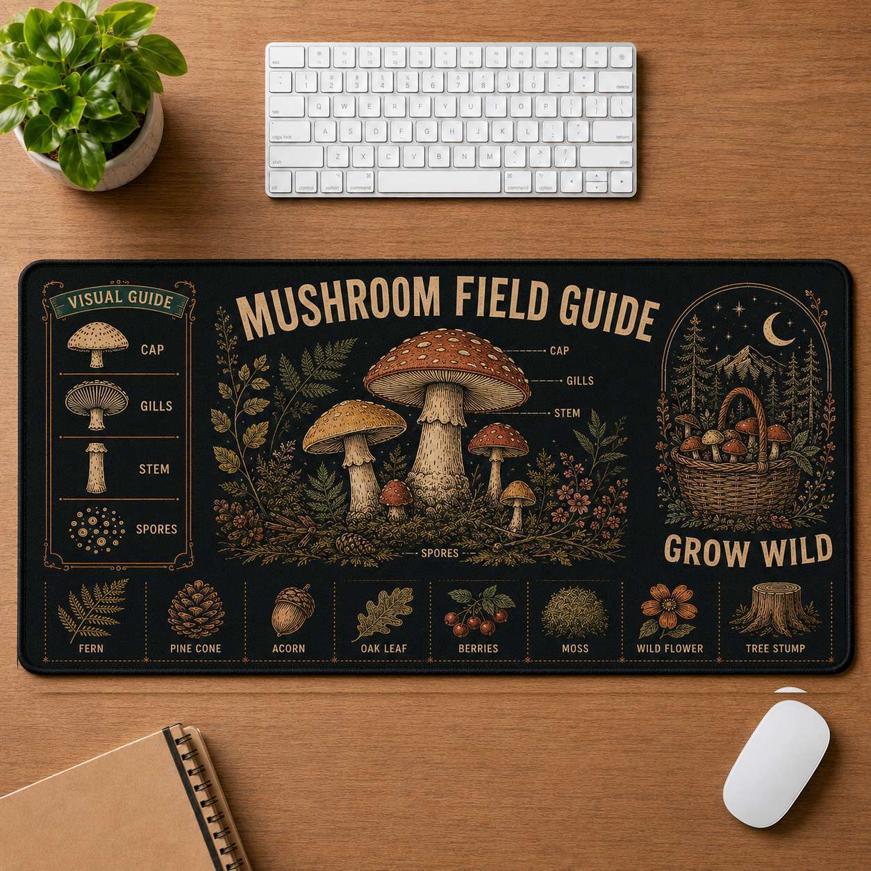 Mushroom & Moon Hippie Desk Mat Mouse Pad | 5To9Vibe - Mushroom Field Guide style