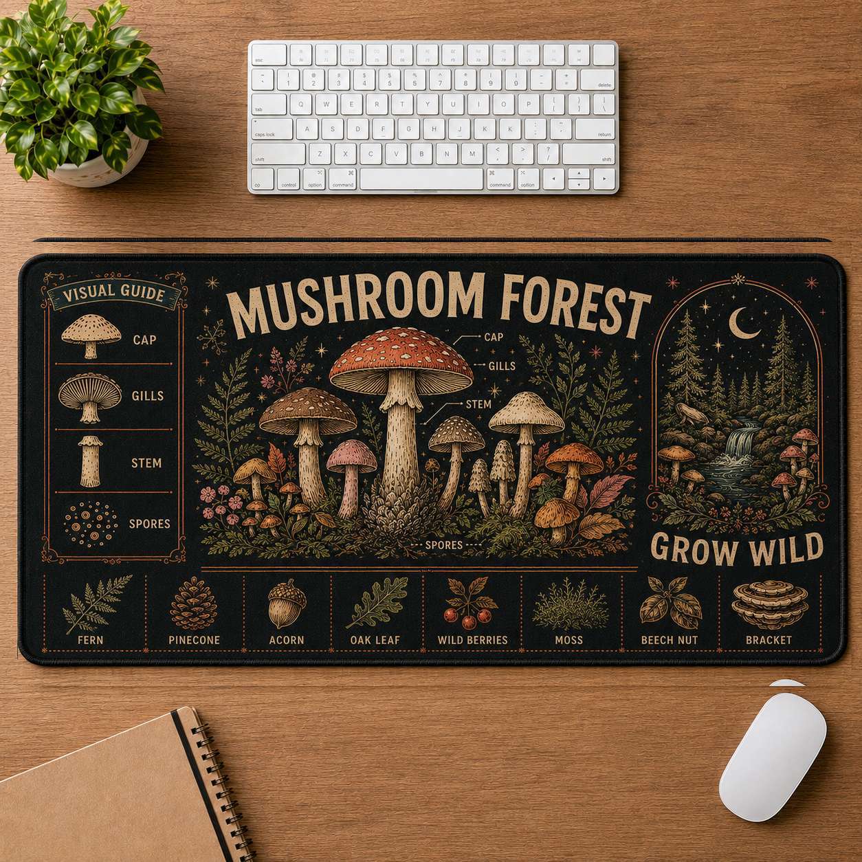 Mushroom & Moon Hippie Desk Mat Mouse Pad | 5To9Vibe - Mushroom Forest style