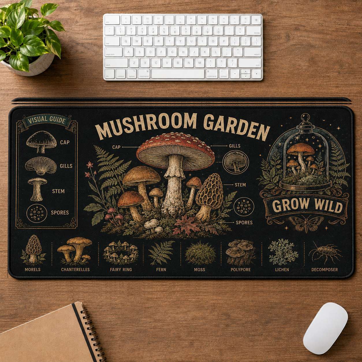 Mushroom & Moon Hippie Desk Mat Mouse Pad | 5To9Vibe - Mushroom Garden style
