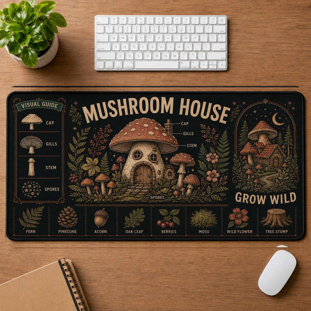 Mushroom & Moon Hippie Desk Mat Mouse Pad | 5To9Vibe - Mushroom House style
