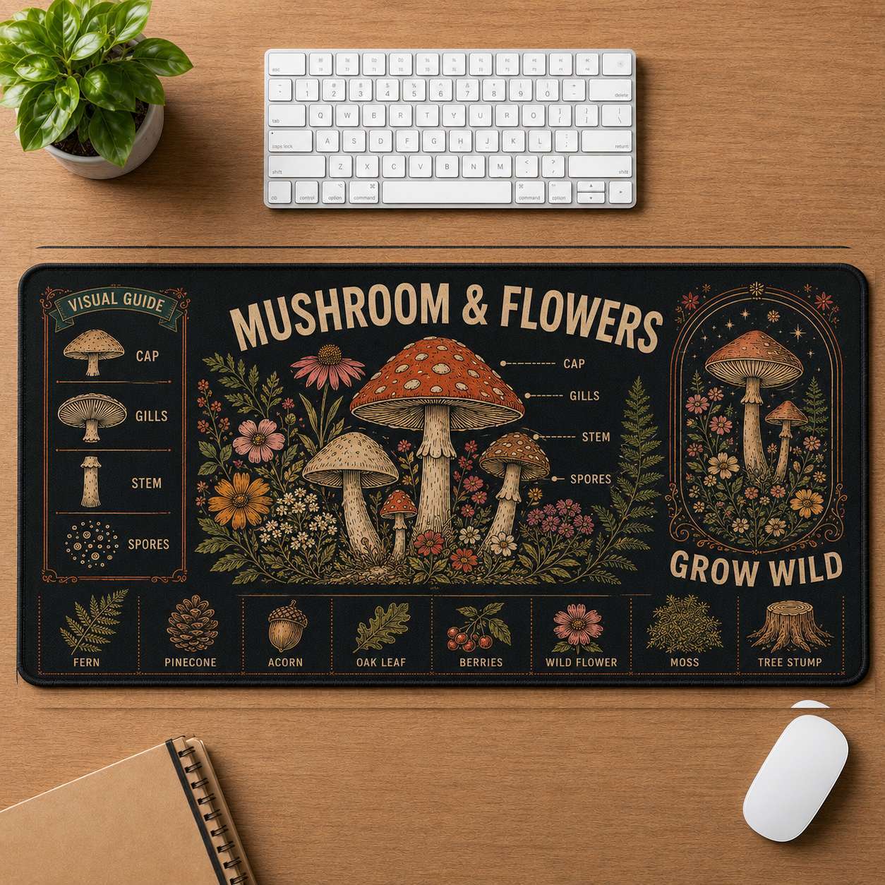 Mushroom & Moon Hippie Desk Mat Mouse Pad | 5To9Vibe - Mushroom & Flowers style