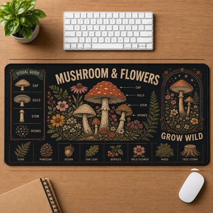 Mushroom & Moon Hippie Desk Mat Mouse Pad | 5To9Vibe - Mushroom & Flowers style