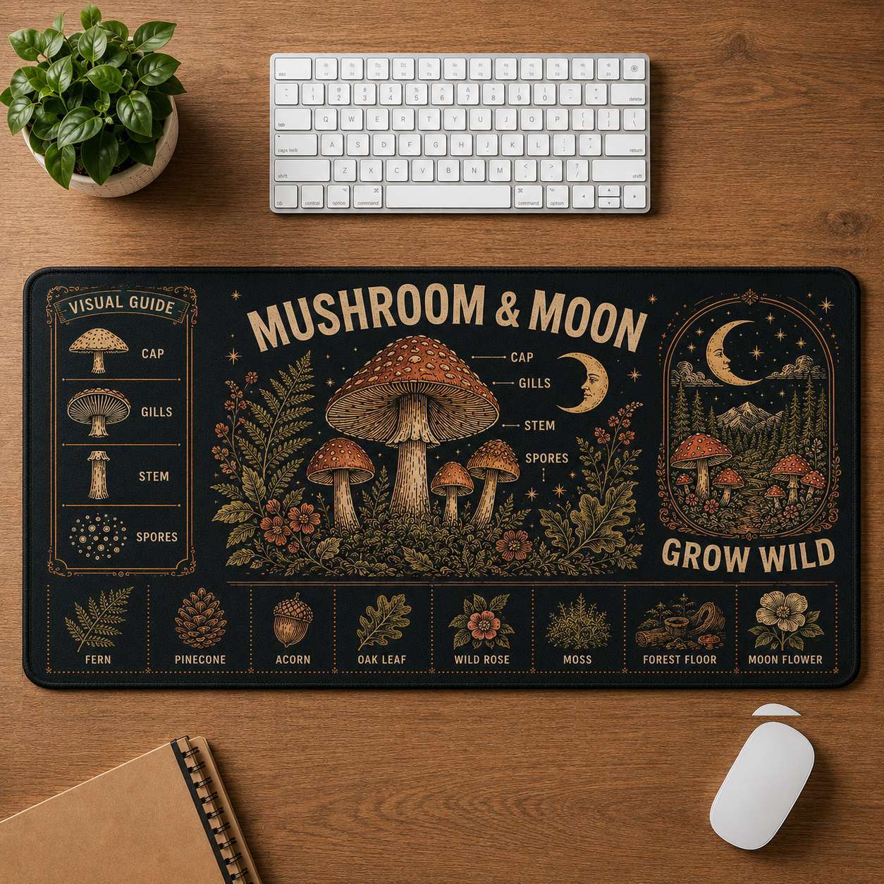 Mushroom & Moon Hippie Desk Mat Mouse Pad | 5To9Vibe - Mushroom & Moon style