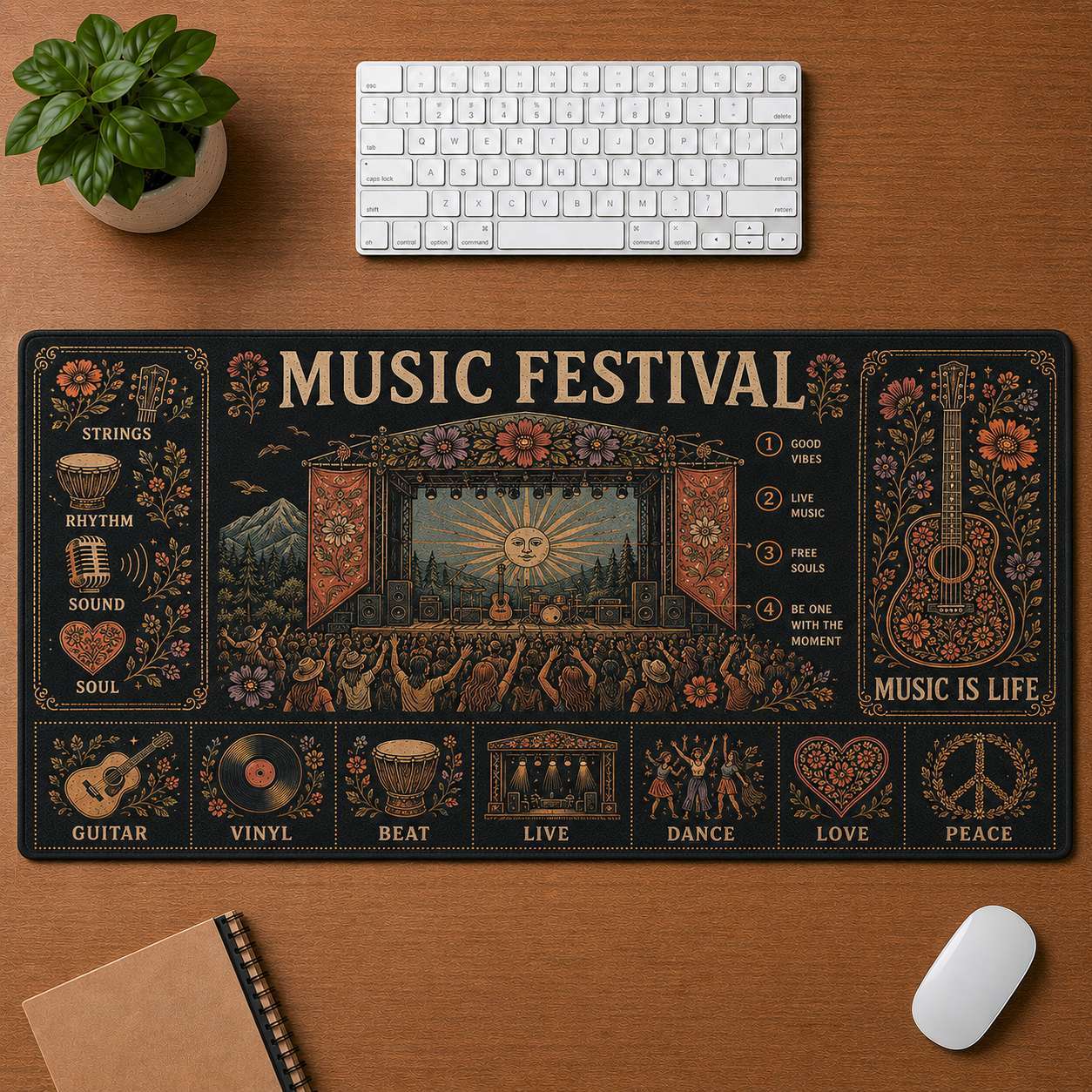 Retro Headphones Hippie Desk Mat Mouse Pad | 5To9Vibe - Music Festival style