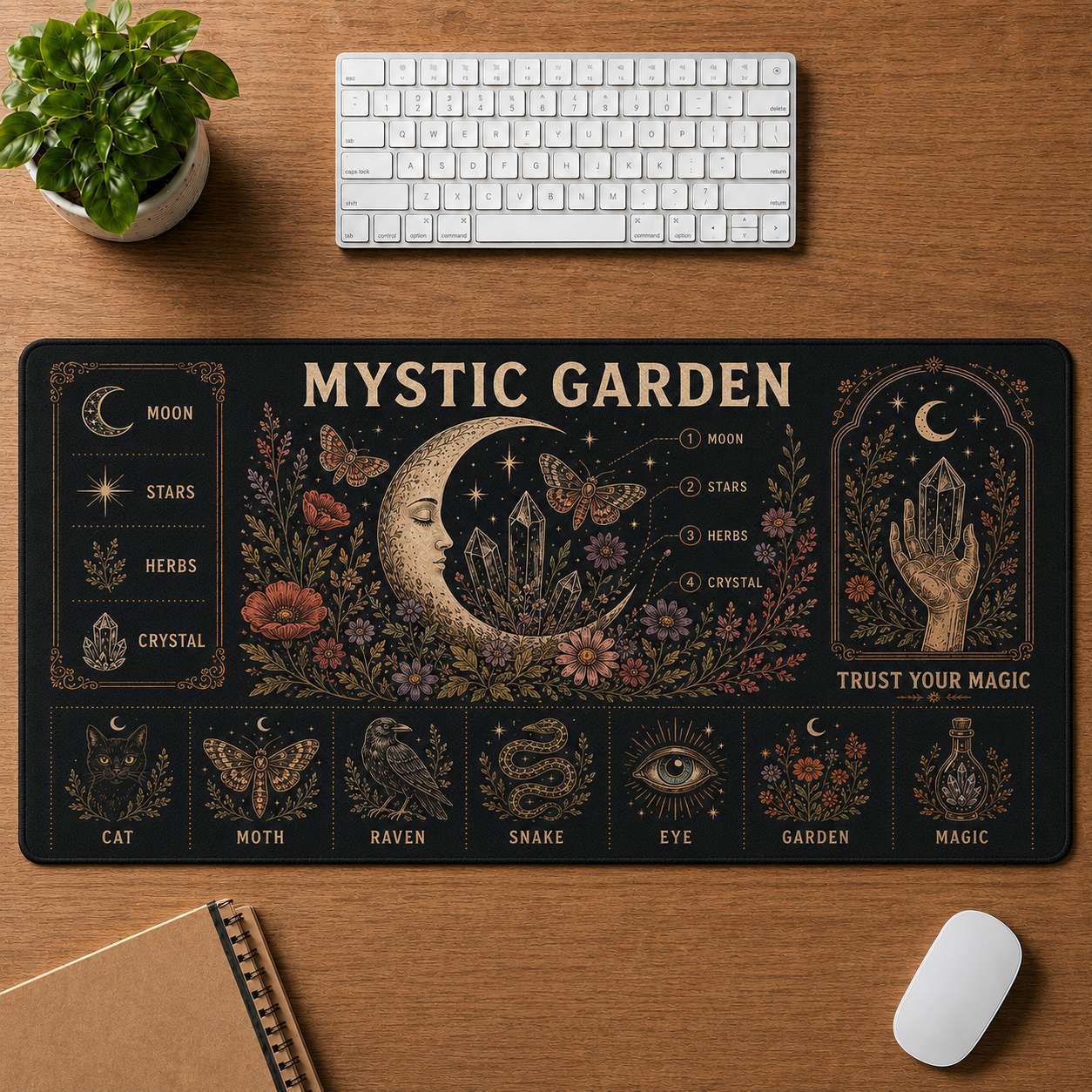 Lunar Magic Hippie Desk Mat Mouse Pad | 5To9Vibe - Mystic Garden style