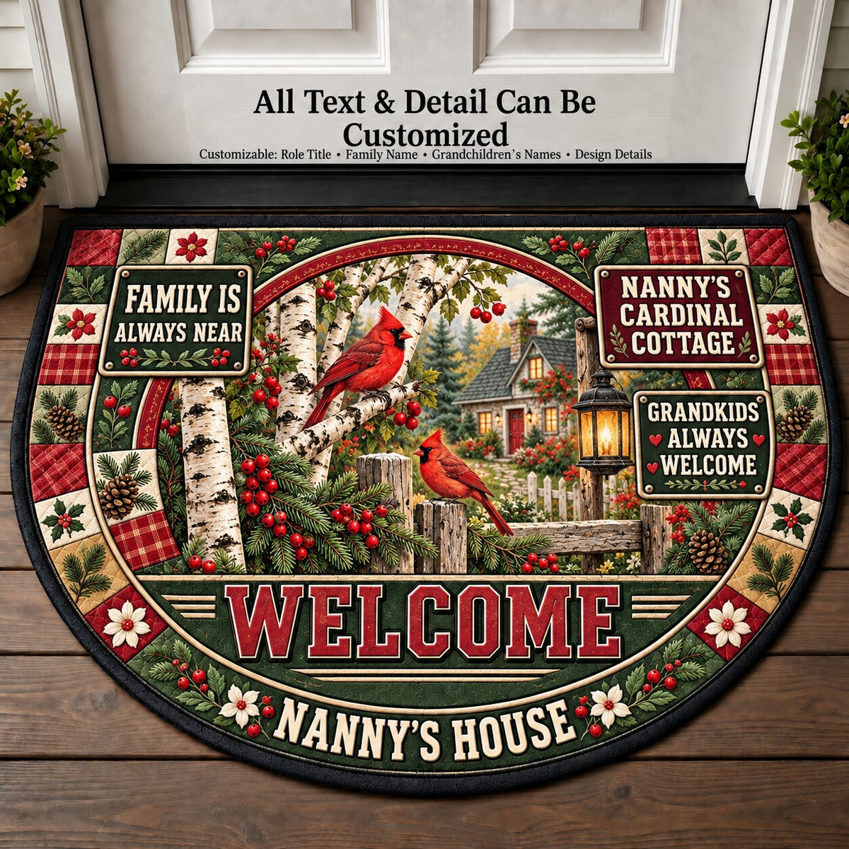Nanny's Cardinal Cottage Personalized Half Round Mat | 5To9Vibe