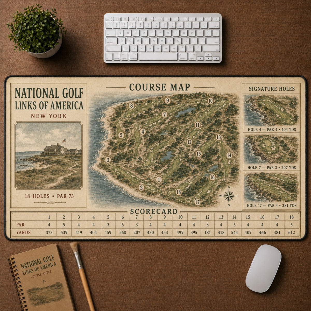 National Golf Links of America Vintage Golf Course Map & Scorecard Guide Desk Mat | 5To9Vibe