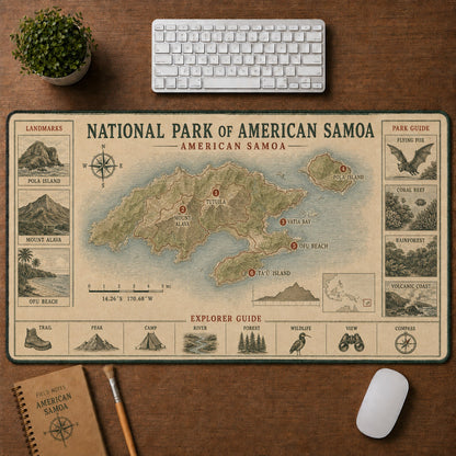 National Park of American Samoa Vintage Topographic Park Map Explorer Guide Desk Mat | 5To9Vibe