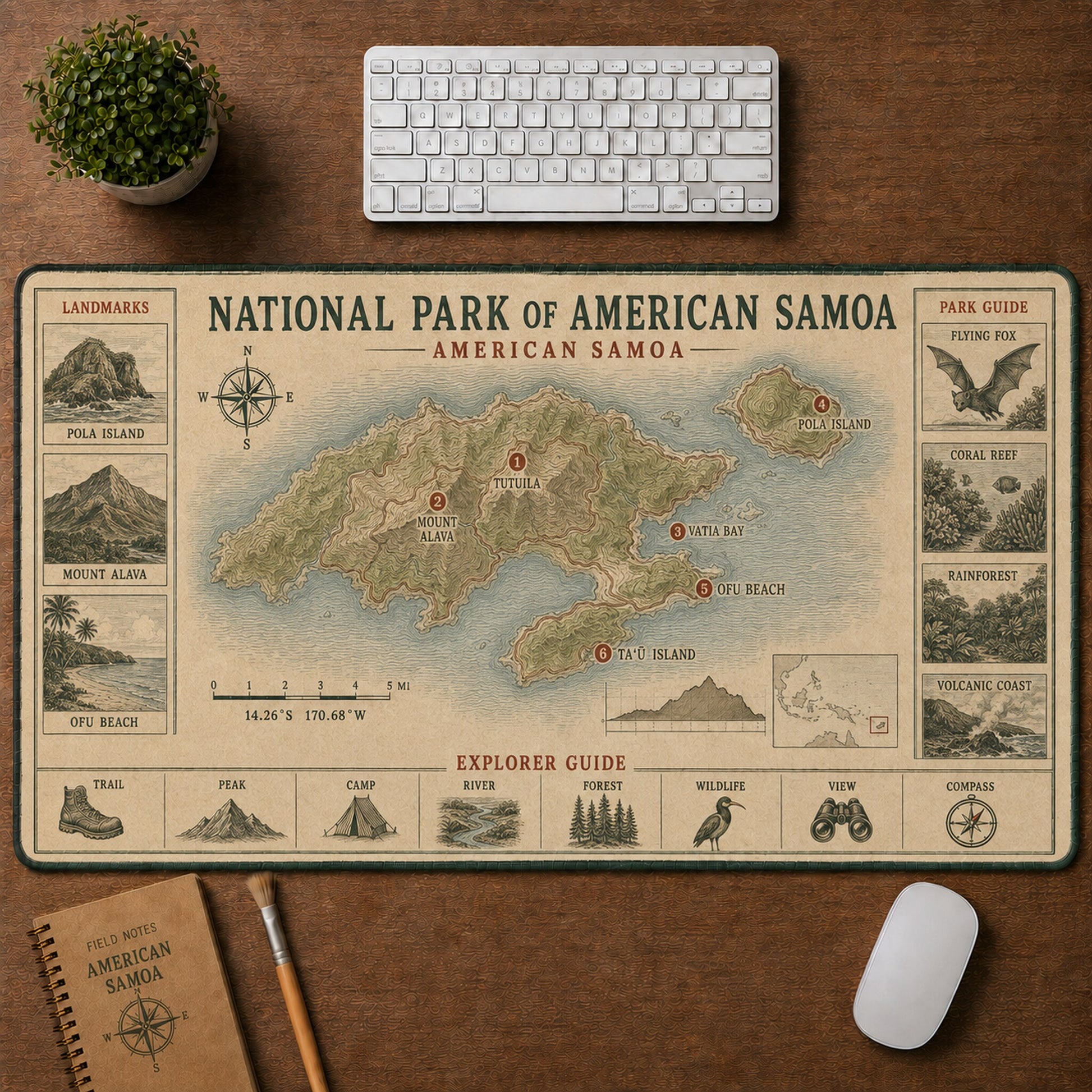 National Park of American Samoa Vintage Topographic Park Map Explorer Guide Desk Mat | 5To9Vibe