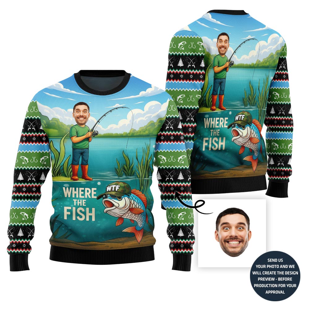 Naughty Custom Face Fishing Ugly Christmas Sweater For Men
