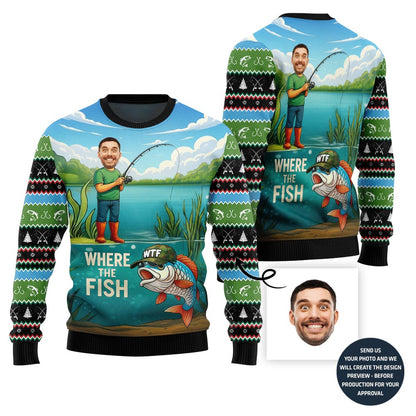 Naughty Custom Face Fishing Ugly Christmas Sweater For Men