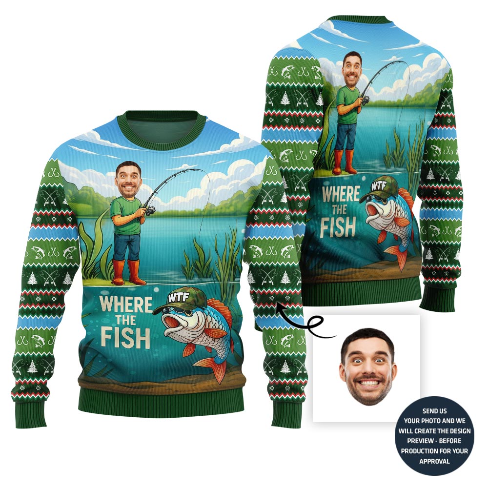 Naughty Custom Face Fishing Ugly Christmas Sweater For Men