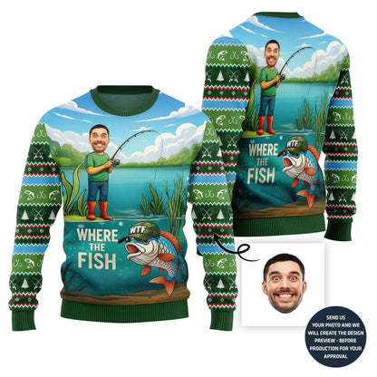 Naughty Custom Face Fishing Ugly Christmas Sweater For Men