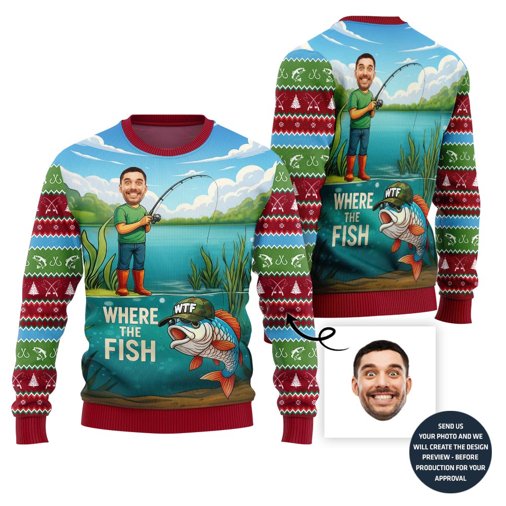 Naughty Custom Face Fishing Ugly Christmas Sweater For Men