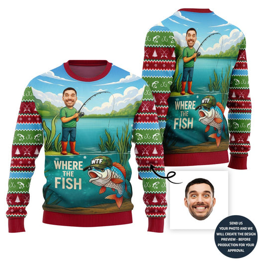 Naughty Custom Face Fishing Ugly Christmas Sweater For Men