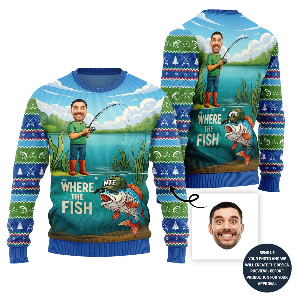 Naughty Custom Face Fishing Ugly Christmas Sweater For Men