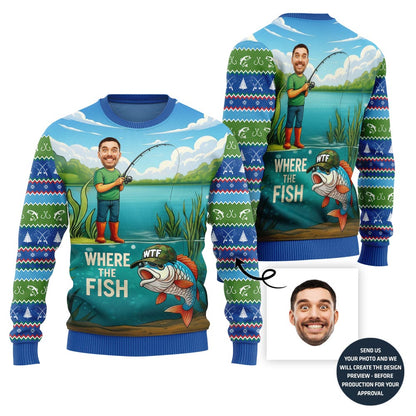 Naughty Custom Face Fishing Ugly Christmas Sweater For Men
