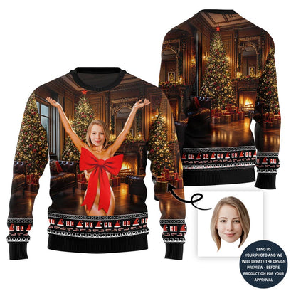Naughty Gift Bow Custom Face Ugly Xmas Sweater