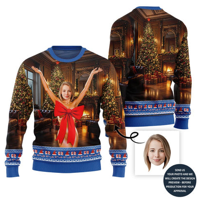 Naughty Gift Bow Custom Face Ugly Xmas Sweater