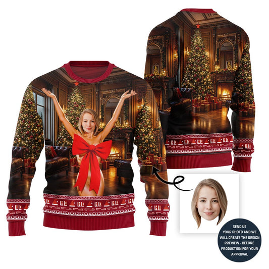 Naughty Gift Bow Custom Face Ugly Xmas Sweater