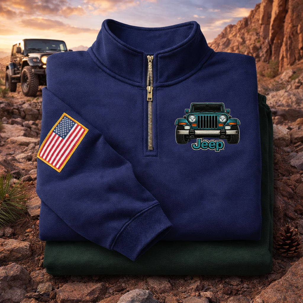 Sudadera prémium unisex Jeep bordada con cremallera de cuarto, suéter con cremallera de cuarto inspirado