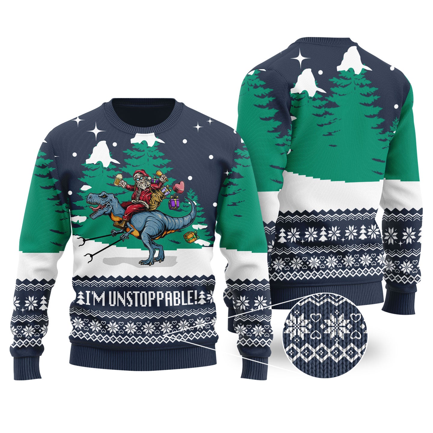 Navy Funny Santa T-Rex Christmas Sweater - Funny Ugly Christmas Sweater