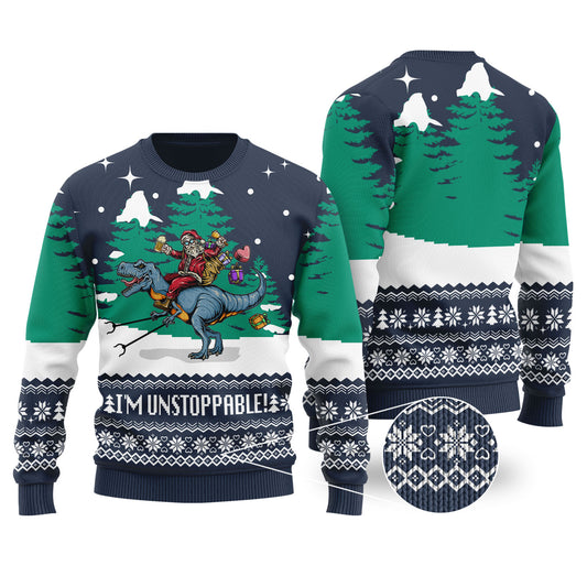 Navy Funny Santa T-Rex Christmas Sweater - Funny Ugly Christmas Sweater
