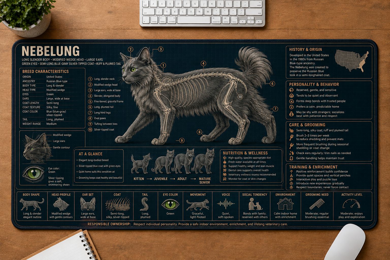 Nebelung Cat Breed Desk Mat Anatomy Guide | 5To9Vibe