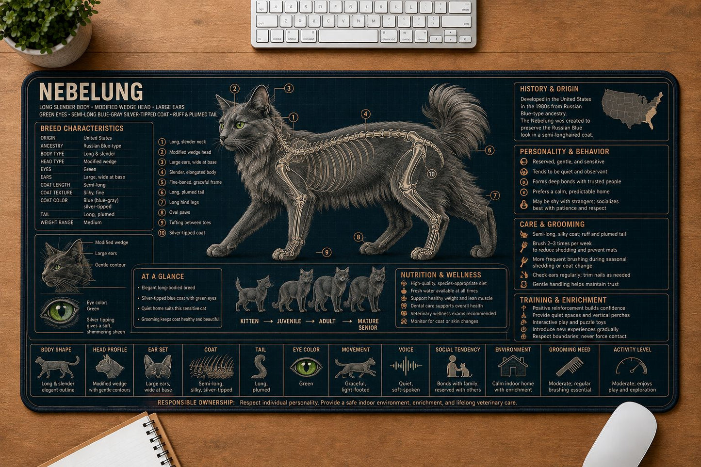 Nebelung Cat Breed Desk Mat Anatomy Guide | 5To9Vibe