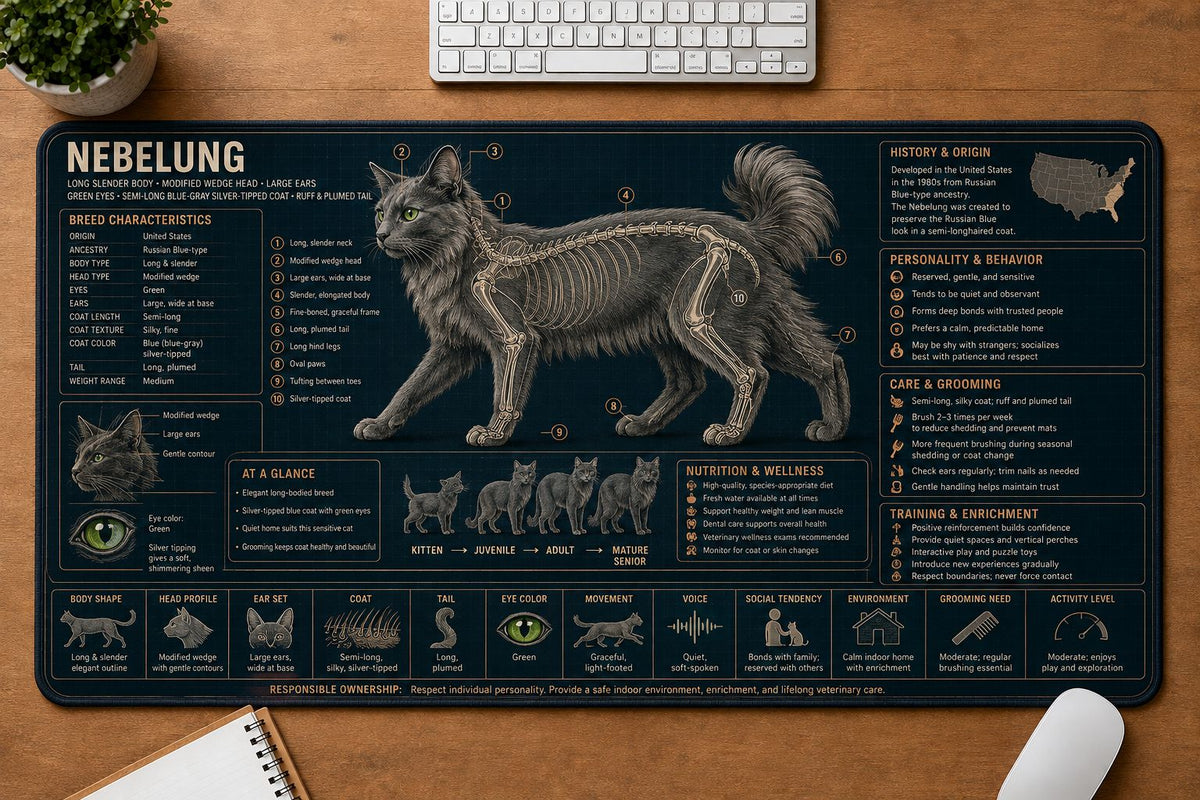 Nebelung Cat Breed Desk Mat Anatomy Guide | 5To9Vibe