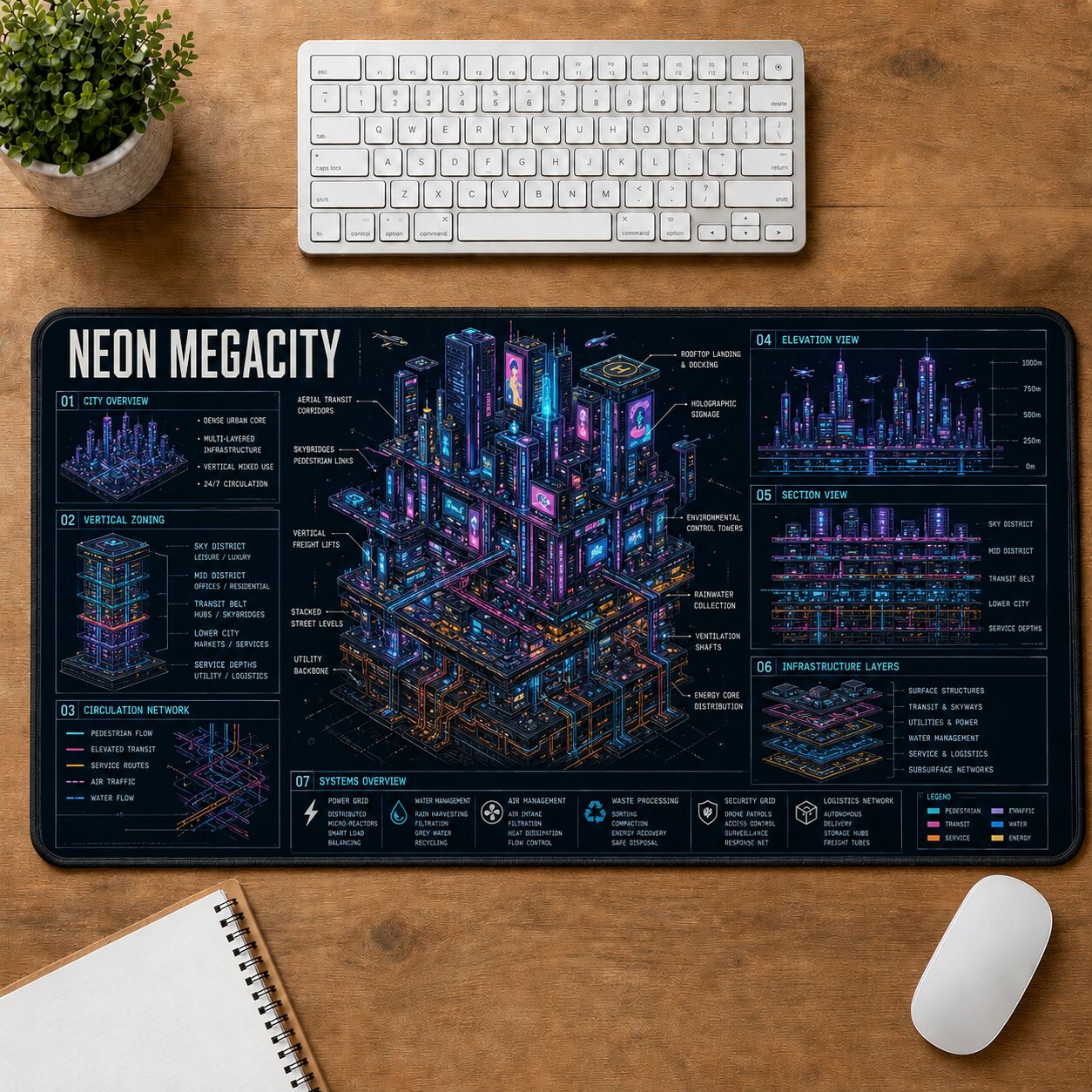 Neon Megacity Futuristic Technical Guide Desk Mat | 5To9Vibe