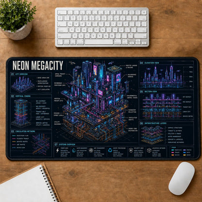 Neon Megacity Futuristic Technical Guide Desk Mat | 5To9Vibe