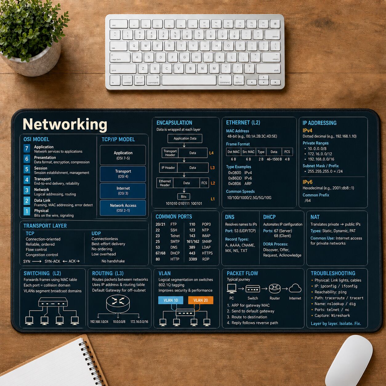 Networking Cheat Sheet Quick Reference Guide Desk Mat | 5To9Vibe