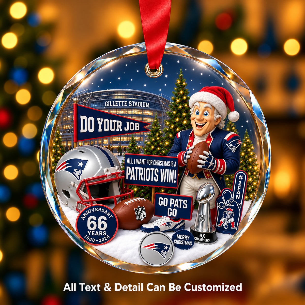 New England Patriots Snow Globe Glass Ornament