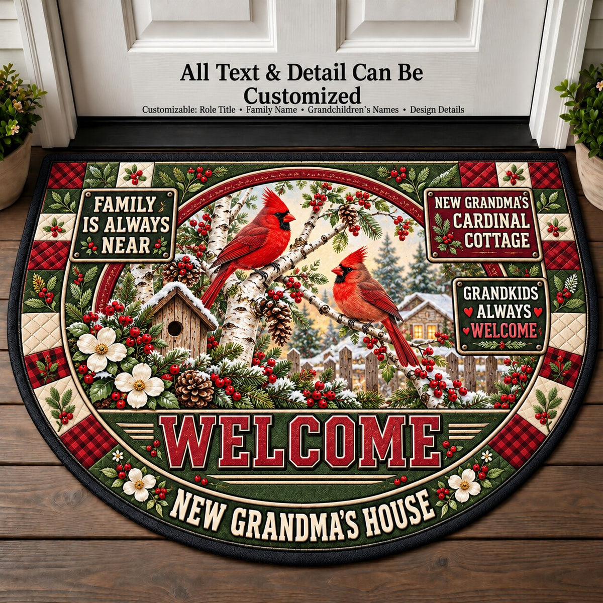 New Grandma's Cardinal Cottage Personalized Half Round Mat | 5To9Vibe