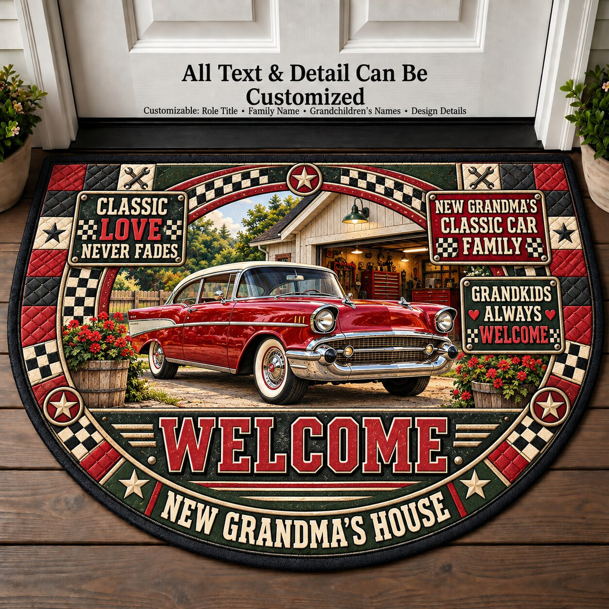 New Grandma's Classic Car Family Personalized Half Round Mat | 5To9Vibe
