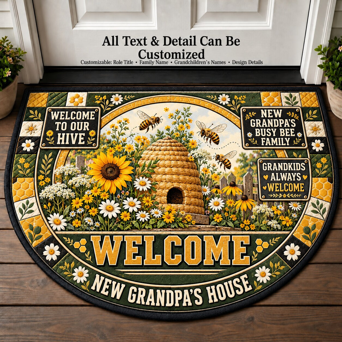 New Grandpa's Busy Bee Family Personalized Half Round Mat | 5To9Vibe