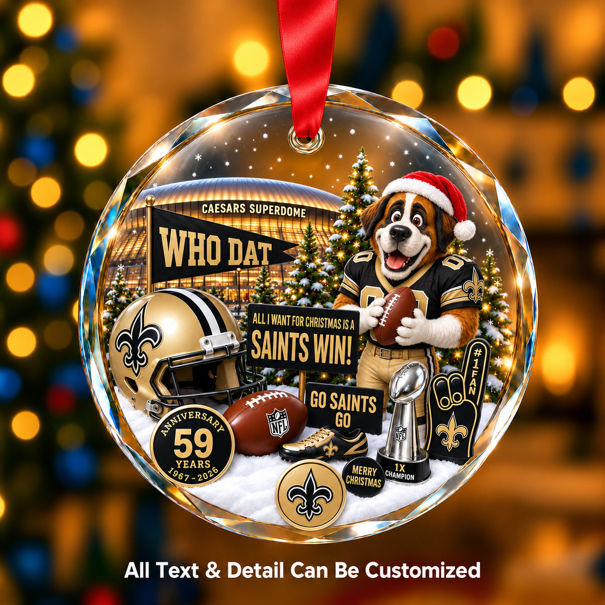 New Orleans Saints Snow Globe Glass Ornament