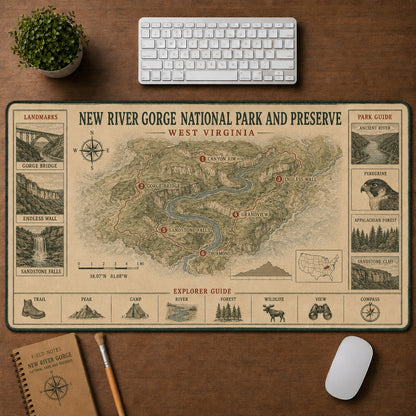 New River Gorge National Park and Preserve Vintage Topographic Park Map Explorer Guide Desk Mat | 5To9Vibe