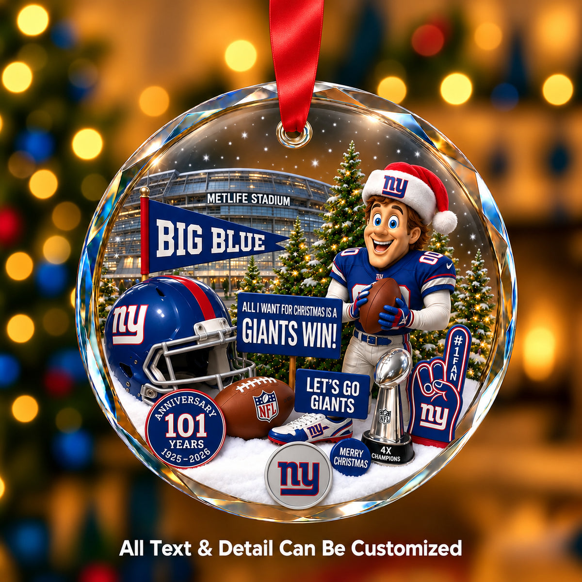 New York Giants Snow Globe Glass Ornament