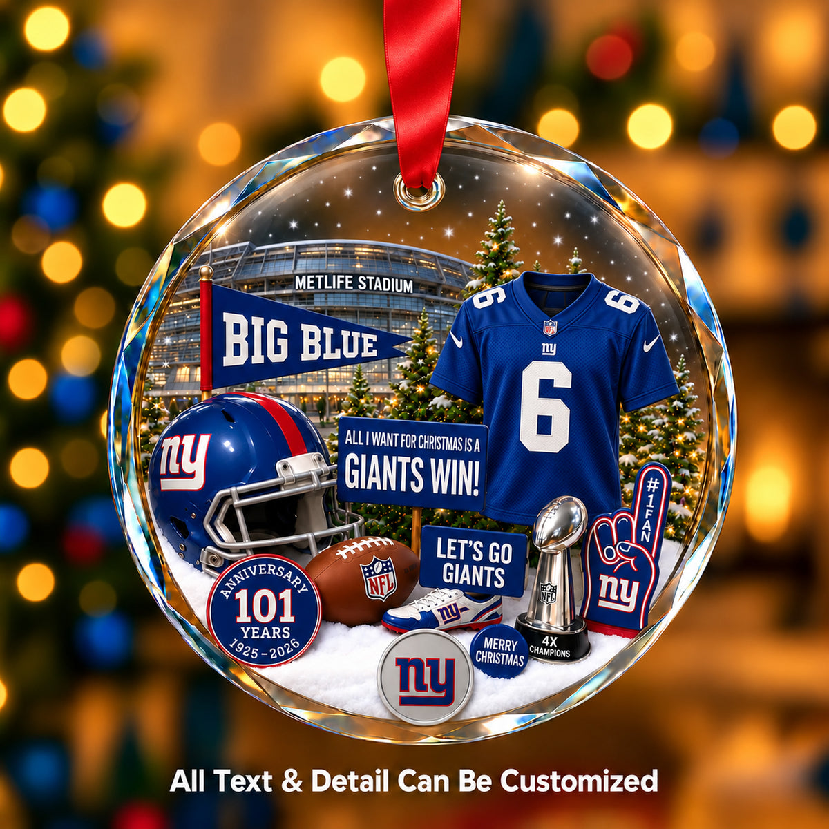 New York Giants Jersey Snow Globe Glass Ornament