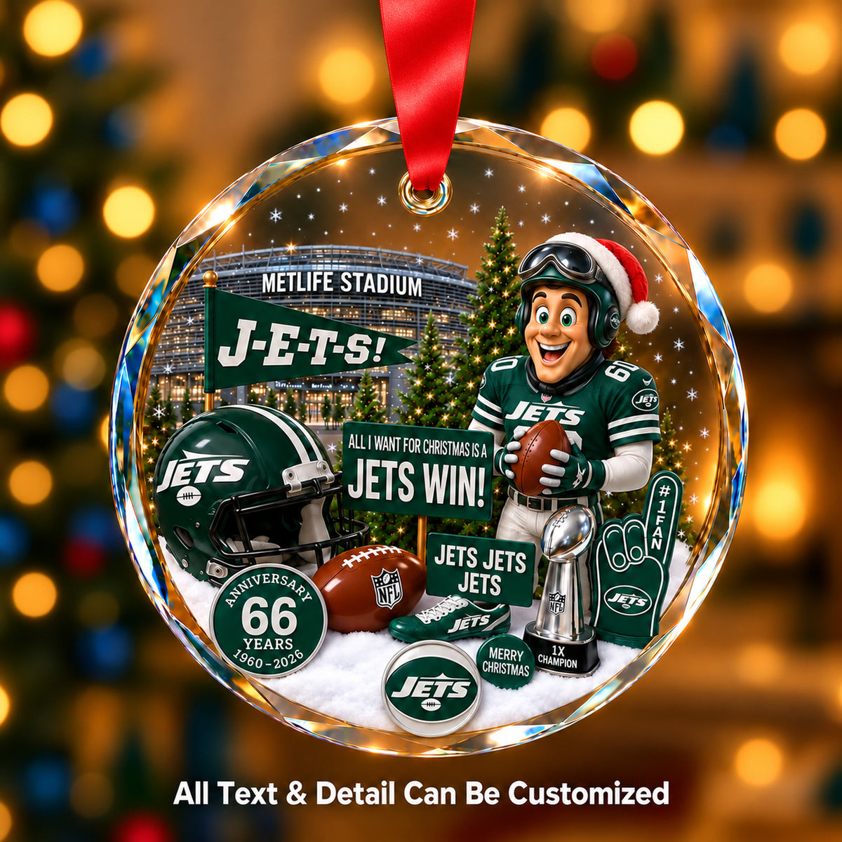 New York Jets Snow Globe Glass Ornament